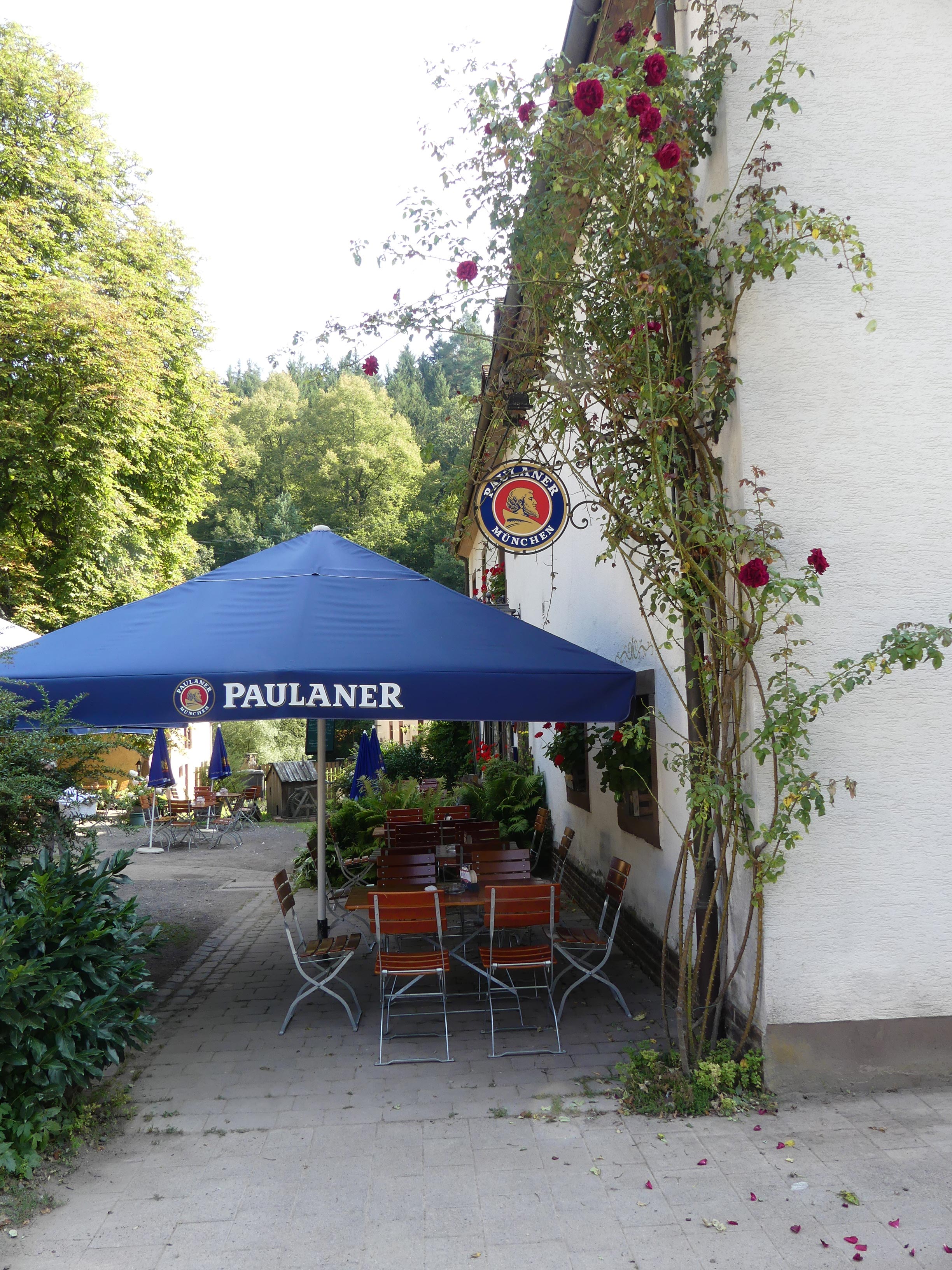 Biergarten der Kneispermühle unter schattigen Bäumen